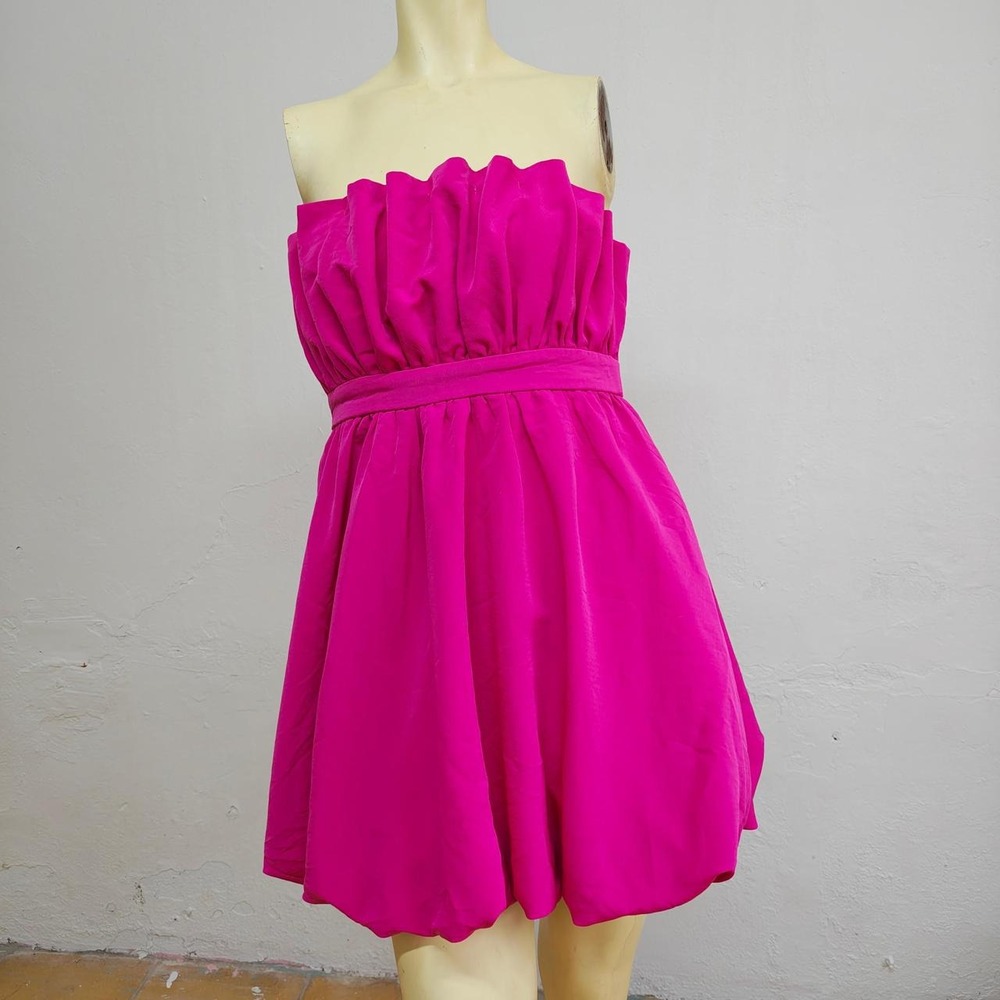 Lucky Brand Hot Pink Strapless Ruffle Tie Waist Bubble Hem Mini Dress Womens S